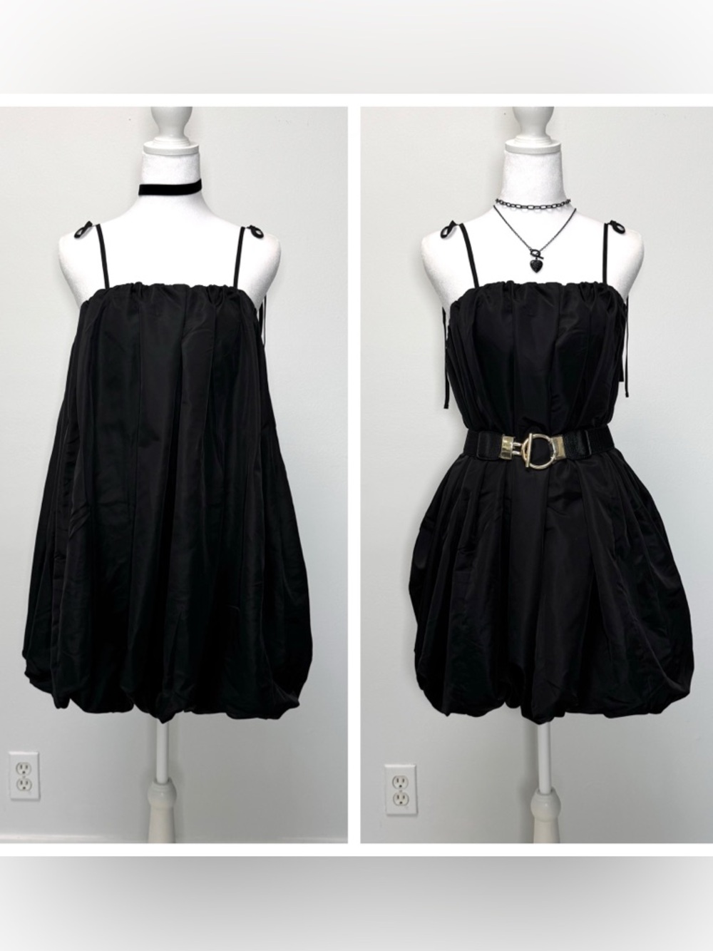 Black Minimalist Glam Taffeta Bubble Hem Mini Dress NWT M LBD Whimsygoth Formal - Picture 4 of 7